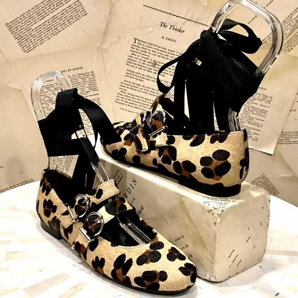 Anthropologie Alohas Thekla Mary Jane Ballet Flat Leopard Hair Print Lace Up - Picture 7 of 10